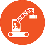 Orange circle with white crane and operator lifting material.