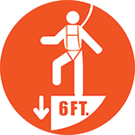 Orange circle with white figure in a harness and tied-off six feet about the ground.