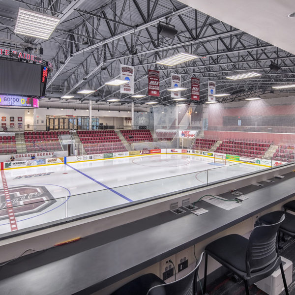 View of ice rink and jumbo tron from press box