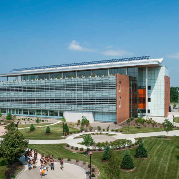 Aerial exterior of building on the RIT campus.