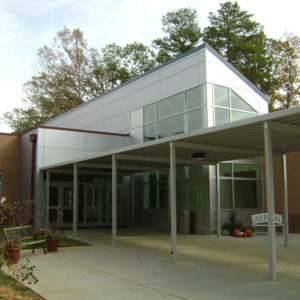 Entryway of brick school building.