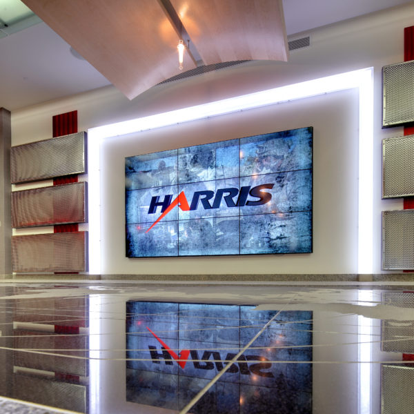 Large wall in the lobby with illuminate Harris logo