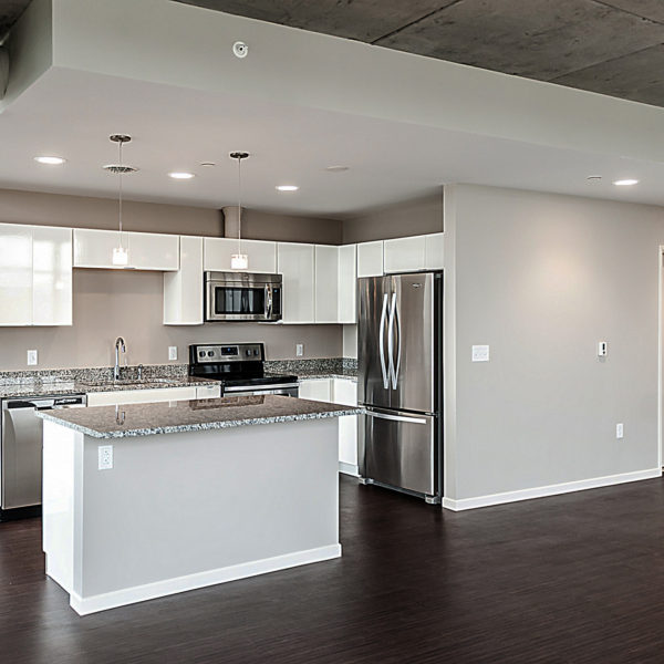 Apartment kitchen with stainless steel appliances and high-end finishes