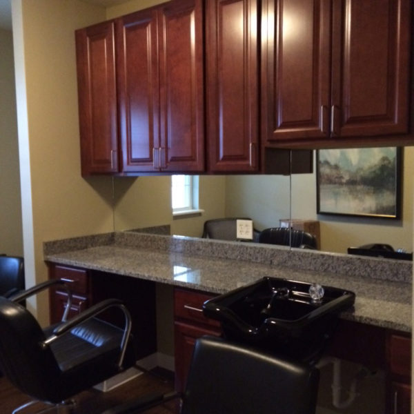 Hair salon sinks and cabinets