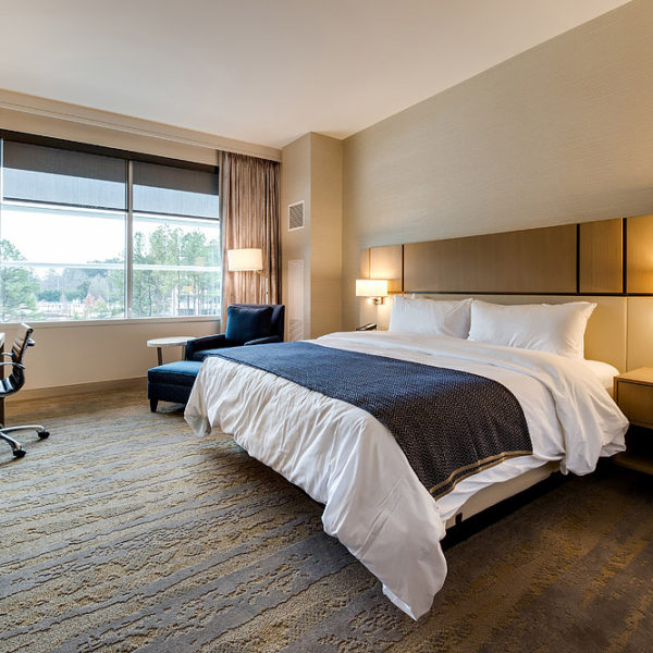 Hotel room with bed and furniture