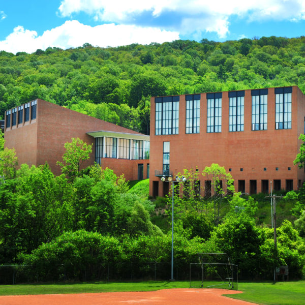 Exterior brick building peaking out from the mountain side and trees.