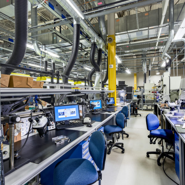 Manufacturing lab with computers, desks and chairs