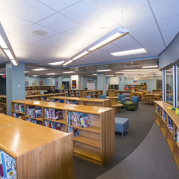 Library with book shelves and books