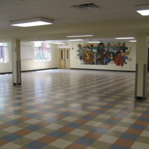 Cafeteria with red and blue checked floor