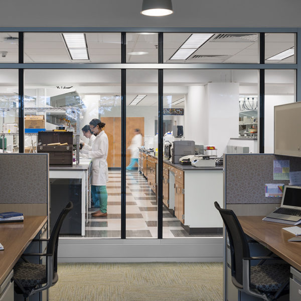 Lab space with people working.