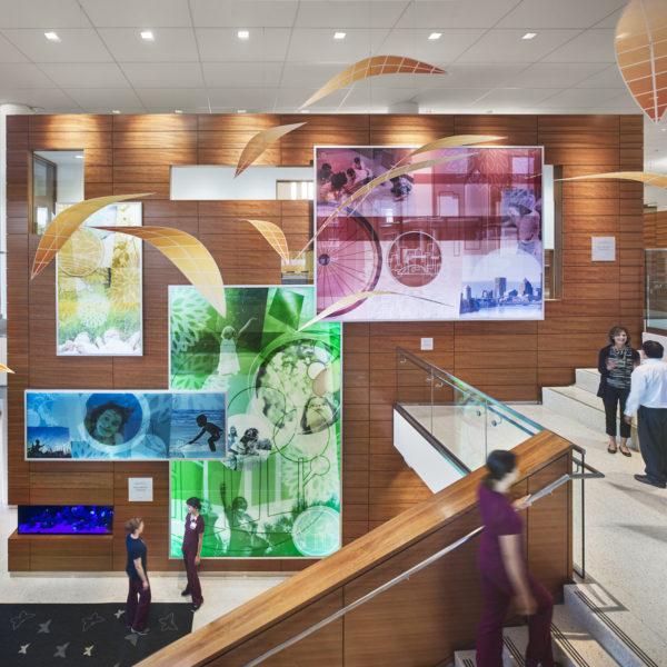 Wooden wall with colorful artwork and artistic leaves hanging from the ceiling.