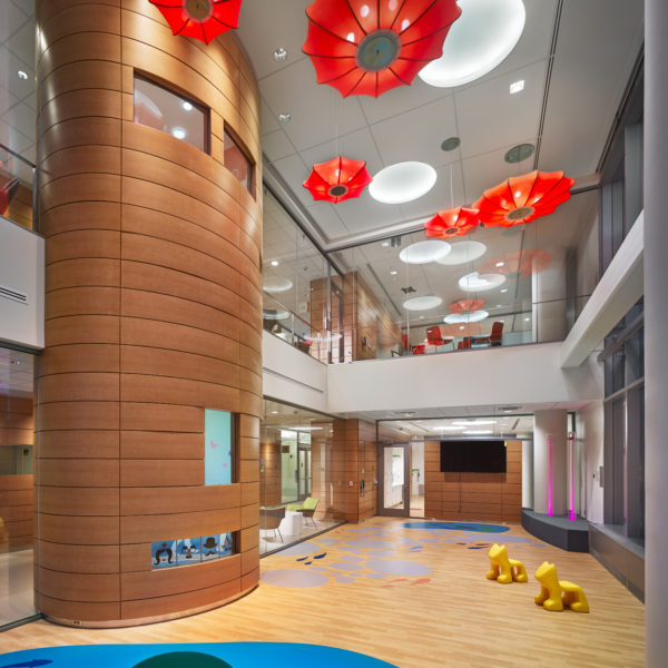 Two story colorful play room.