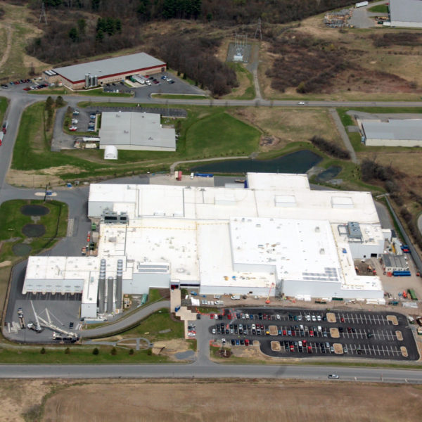 Aerial of large manufacturing facility.