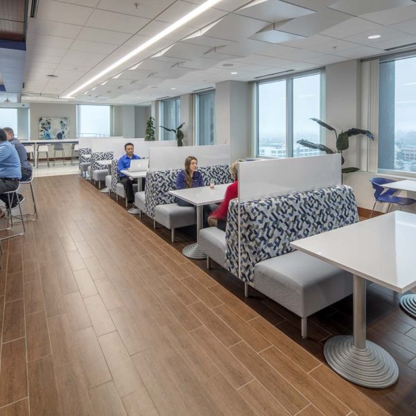 Cafe area with booths, high counters and stools