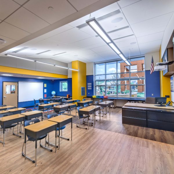 Elementary classroom with desks and furniture