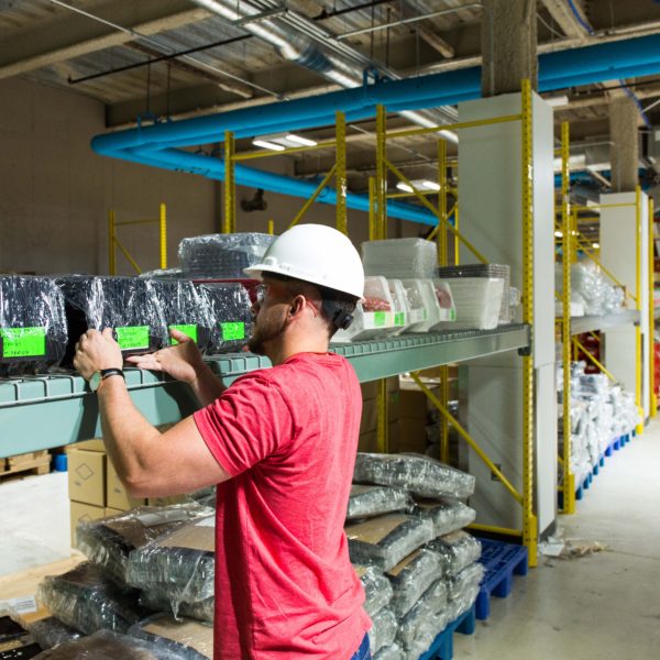 Warehouse space with workers.