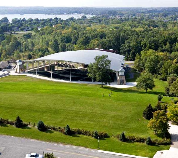 Aerial shot of the lawn and shell of performing arts center