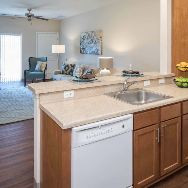 Apartment kitchen space overlooking living room