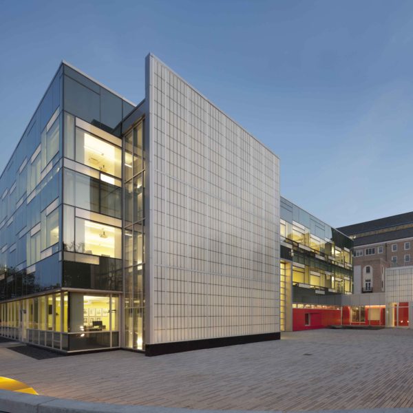 Exterior of building with large glass facade