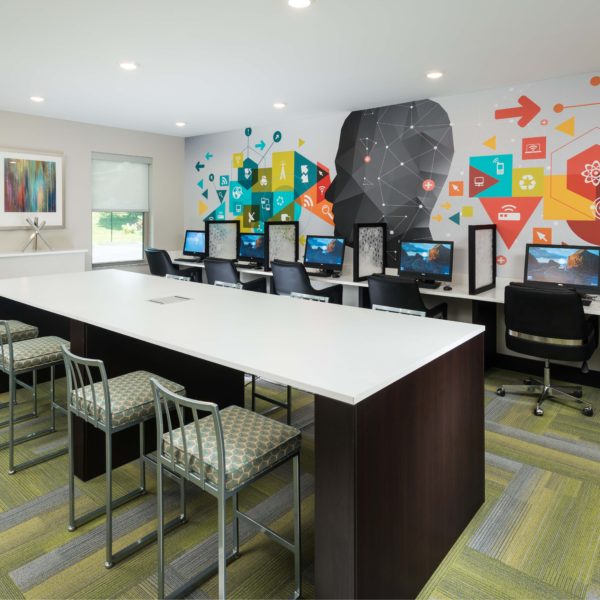 Computer lab with high top table and chairs