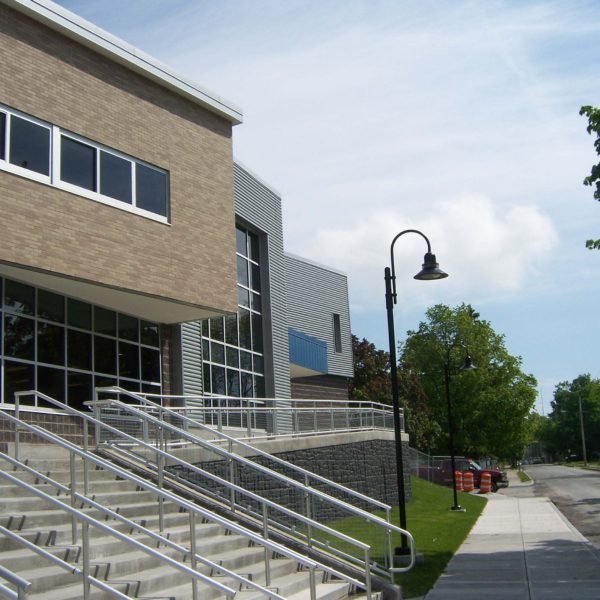 Exterior of the building with the stairs.