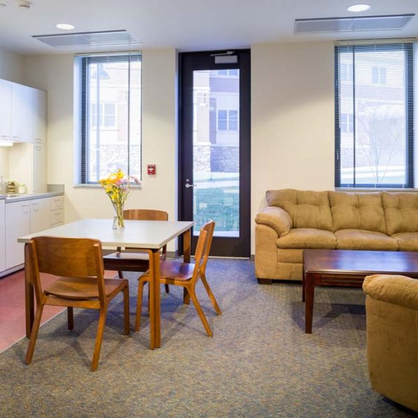 Kitchen area with table, chairs and couches