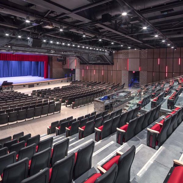 View of auditorium from back of seats facing stage.