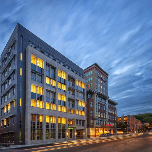 Night exterior of Tompkins Financial Headquarters