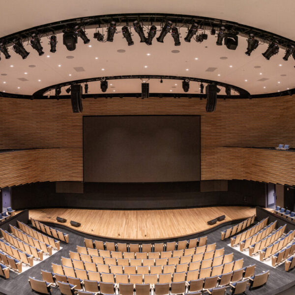 Interior panoramic photo of Daniel & Gayle D’Aniello NVRC National Veterans Resource Center Auditorium.