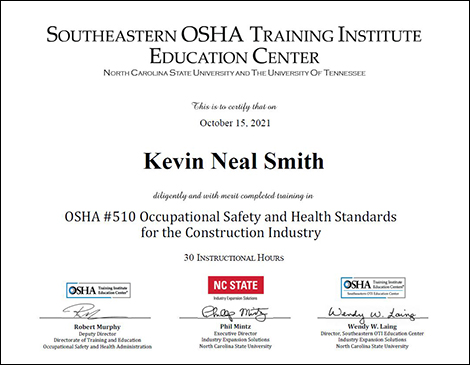 Kevin Smith OSHA 510 certificate