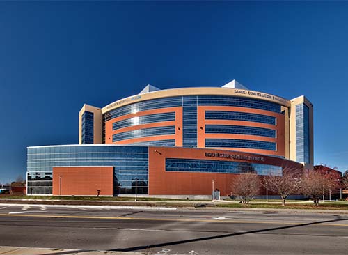 View of terra-cotta clad exterior on the Sands-Constellation Center for Critical Care.